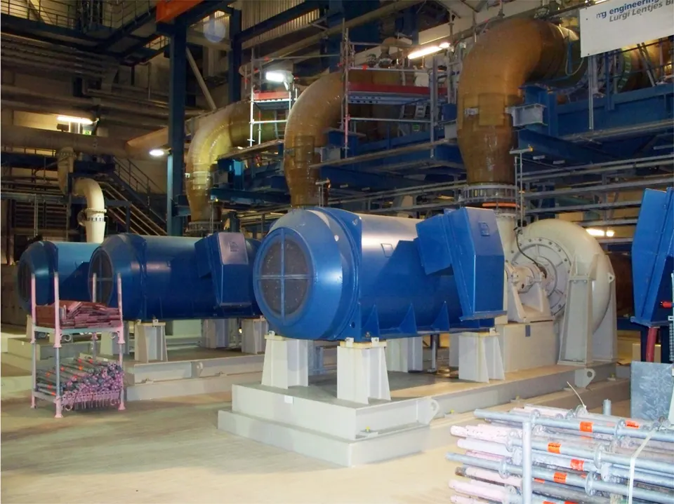 Large blue fans and ducting in a flue gas treatment plant